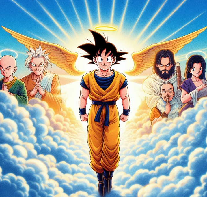 A imagem está Goku Deus e os demais amigos recebendo Akira Toriyama no céu 