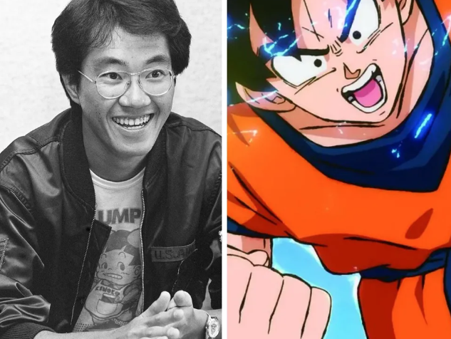 Akira Toriyama e Goku criador e criação lado a lado